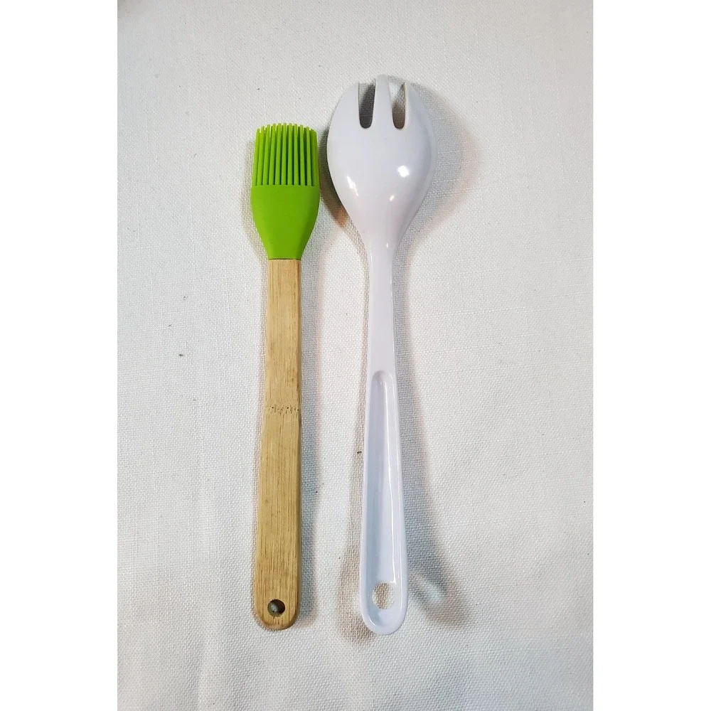 Kitchen Utensil Set Floral Salad Spoon Fork Silicone Basting Brush Bamboo‎
